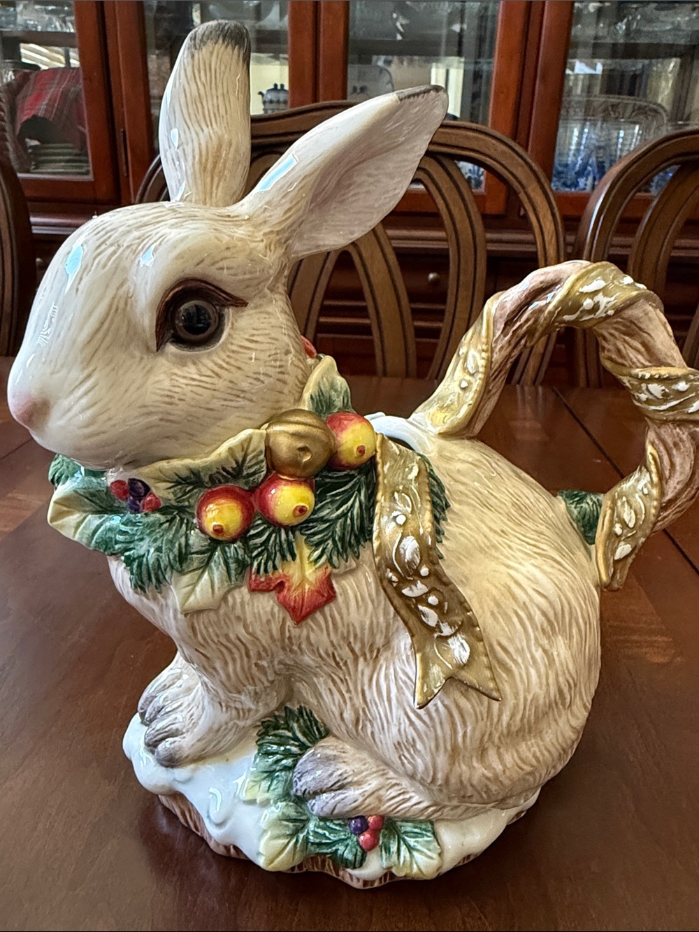 Fitz and Floyd Snowy Woods Holiday decor Rabbit Bunny missing lid pitcher